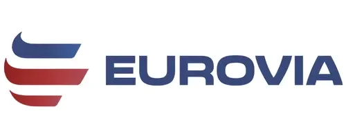 Logo Eurovia, entreprise spécialisée dans les travaux publics, la construction et l’entretien d’infrastructures routières et ferroviaires en Normandie