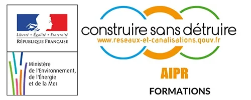 Logo officiel AIPR, Construire sans détruire, formation obligatoire pour les travaux à proximité des réseaux et canalisations