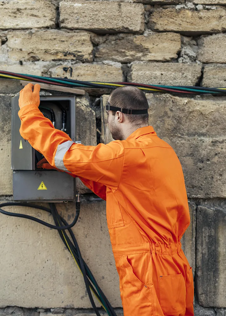 Électricien intervenant en sécurité sur une boîte électrique extérieure.