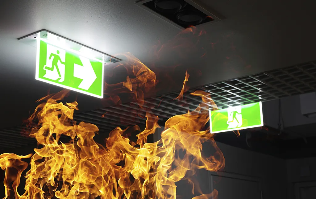 Panneau lumineux d’évacuation avec flèches vertes, entouré de flammes lors d’un incendie simulé